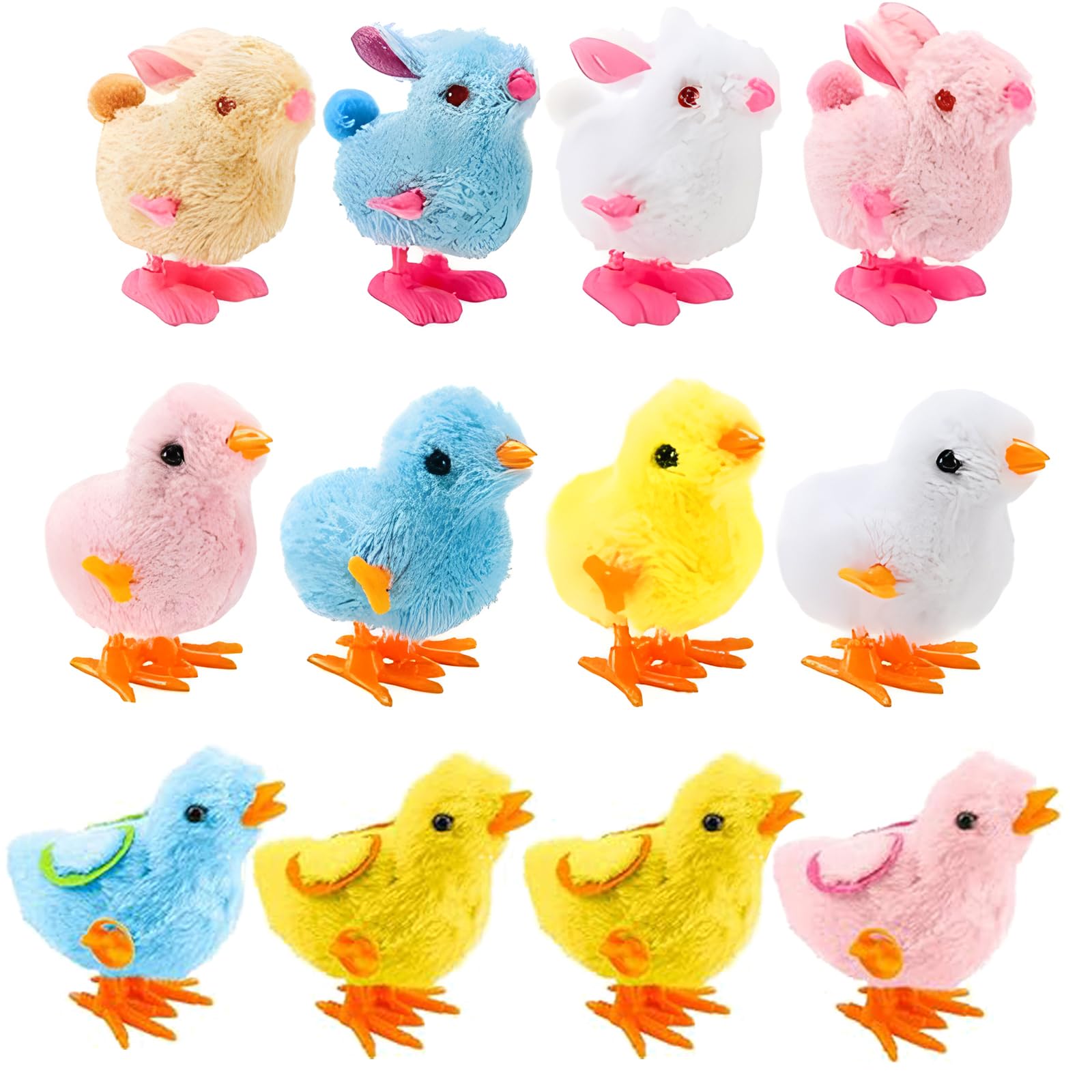 12Pcs Wind Up Chicken Bunny Jumping Chicks Plush Hopping Rabbits Wind-Up Toy for Kids Toddlers Easter Birthday Gifts Party Favors