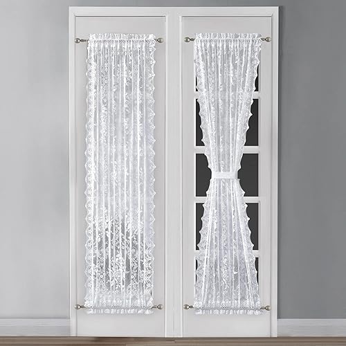 Warm Home Designs Cortinas laterales blancas Par de puerta de encaje de rosa inglesa con 2 alzapaños gratis, 30 x 72 pulgadas de largo, perfecto