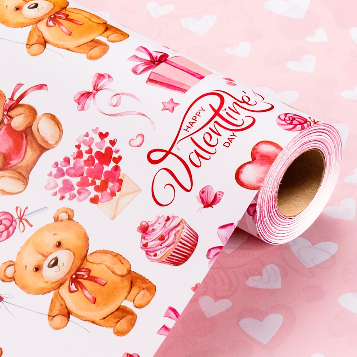 Wikadlik Lovely Bear Wrapping Paper Roll - 43cm x 10m Pink Bow and Heart Design Gift Wrap Paper for Valentines Day, Anniversary, Mothers Day, Wedding