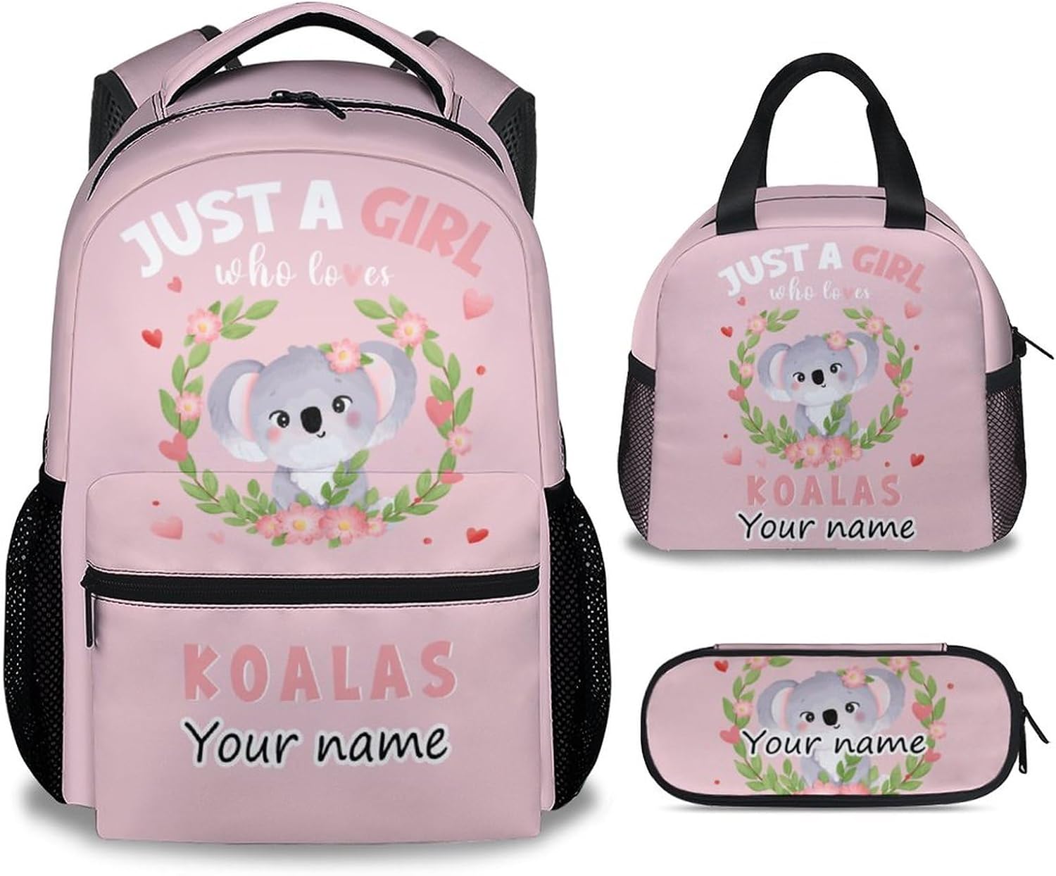 Personalized Koala Backpack with Lunch Box Set for Girls Boys, 3 in 1 Primary Middle School Backpacks Matching Combo, Large Capacity, Durable, Lightweight, Pink Bookbag and Pencil Case Bundle