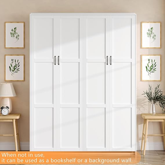 Full Size Murphy Bed, Wall Murphy Bed with Headboard, White
