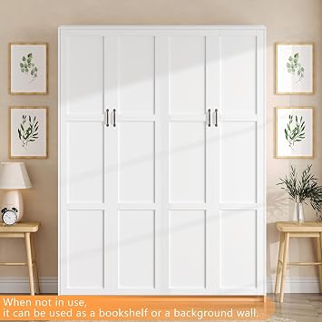 Full Size Murphy Bed, Wall Murphy Bed with Headboard, White