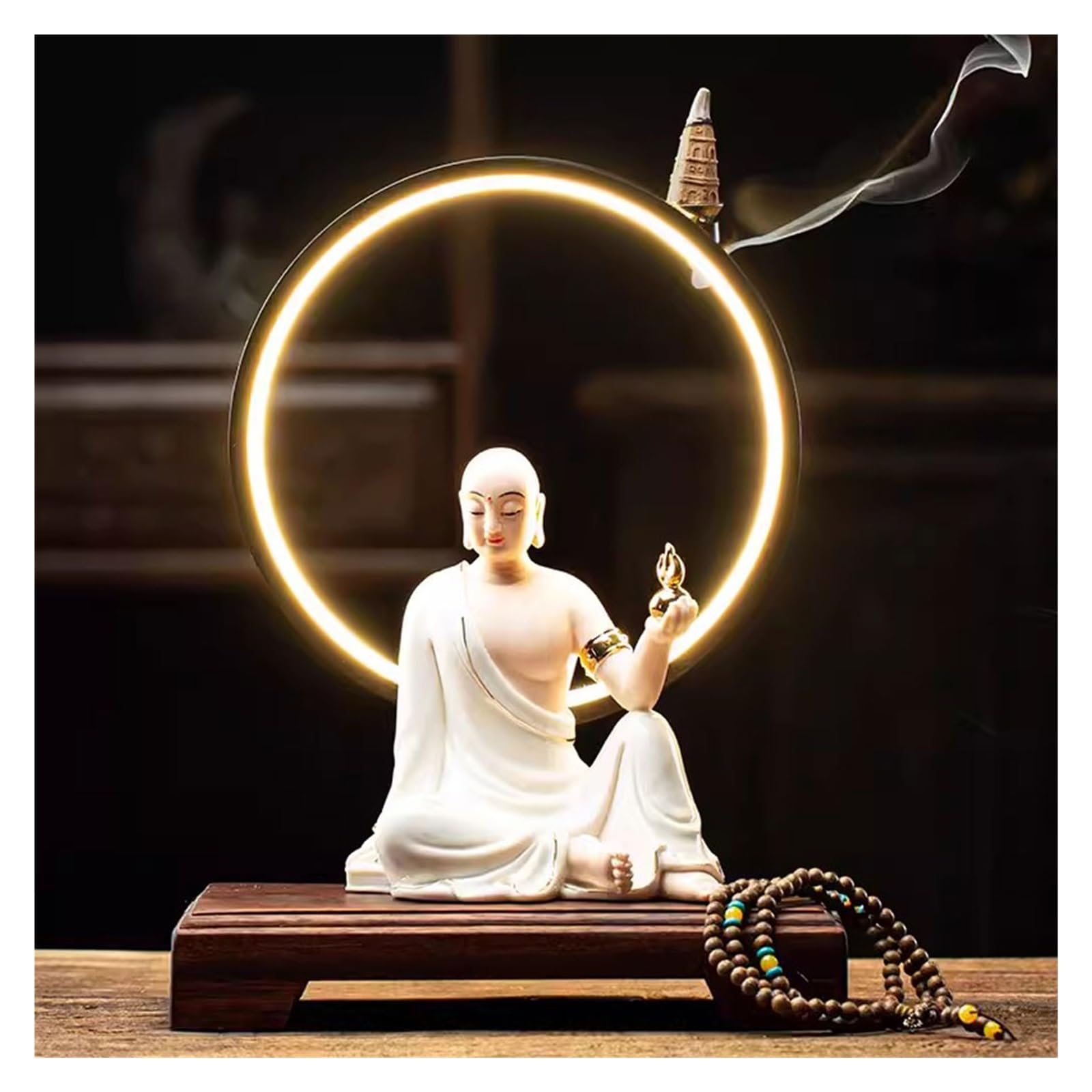 Incense Holder Base Chinese Zen Incense Burner Guanyin Bodhisattva Tathagata Buddha Statue Living Room Entrance Lamp Circle Decoration(B)