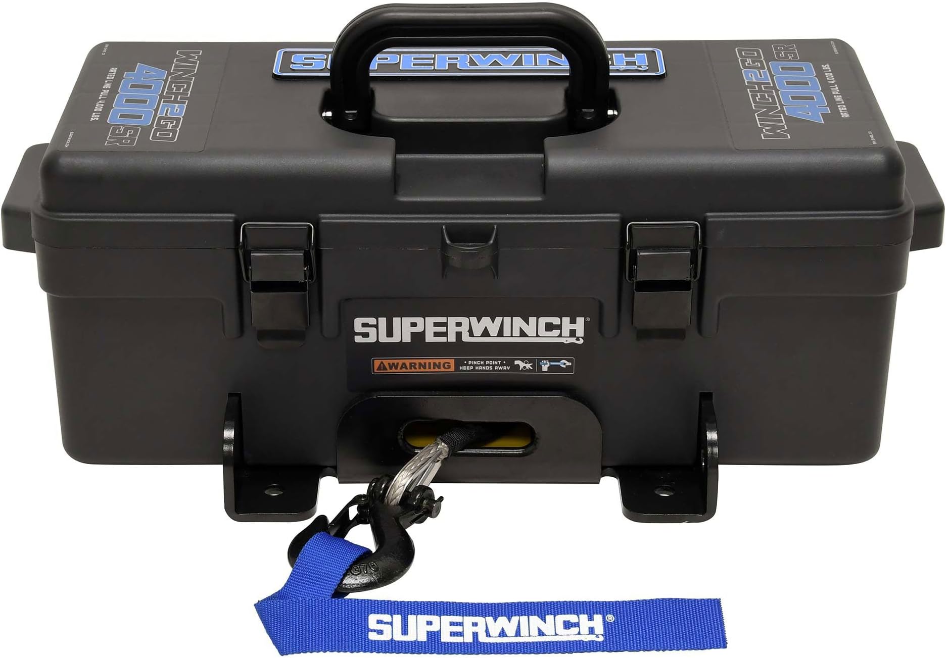 Superwinch 1140232 Winch2Go 12V DC Electric Portable Utility Winch 4000lb(1814.4kg) Single Line Pull with Steel Mounting Plate Integrated Hawse Fairlead 7/32" x 47' Synthetic Rope Handheld Remote