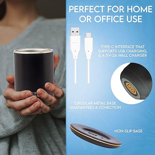 Miniatura 9 de Taza de café autoagitable con tapa, taza térmica de 10 onzas, juego de calentador de taza de café con calefacción de diseño de lujo para escritorio,