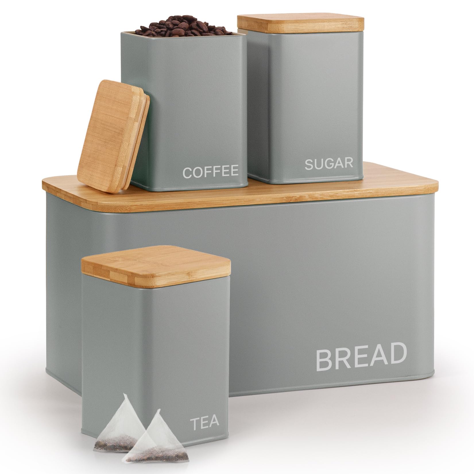 EHC Set of 4 Tea, Sugar, Coffee & Bread Bin Canisters Set, Kitchen Storage Jars with Airtight Lids, Containers Jars Set, Grey