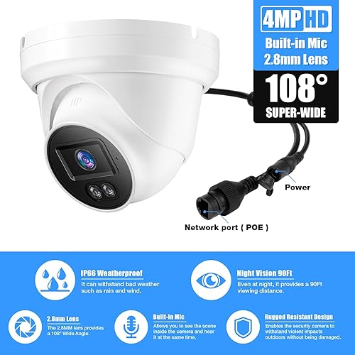Miniatura 2 de Cámara IP POE de 4 MP, cámara de seguridad POE de torreta con micrófonoaudio, cámaras de vigilancia de seguridad para exteriores e interiores,