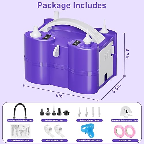 Miniatura 6 de FLSEPAMB Bomba de globo eléctrica, bomba de aire eléctrica portátil 3 en 1, bomba de globo de doble boquilla de doble motor de 110 V para globos de