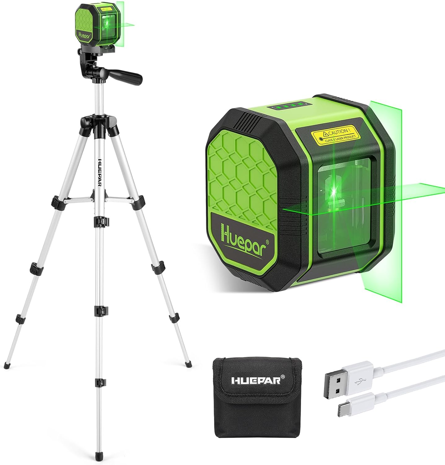 Laser Level with 42 Inch Tripod, Huepar 100Ft Self Leveling Laser Level Rechargeable Green Cross Line Lazer Leveler Tool for Picture Hanging, Tile, Home Renovation, Carrying Bag Included