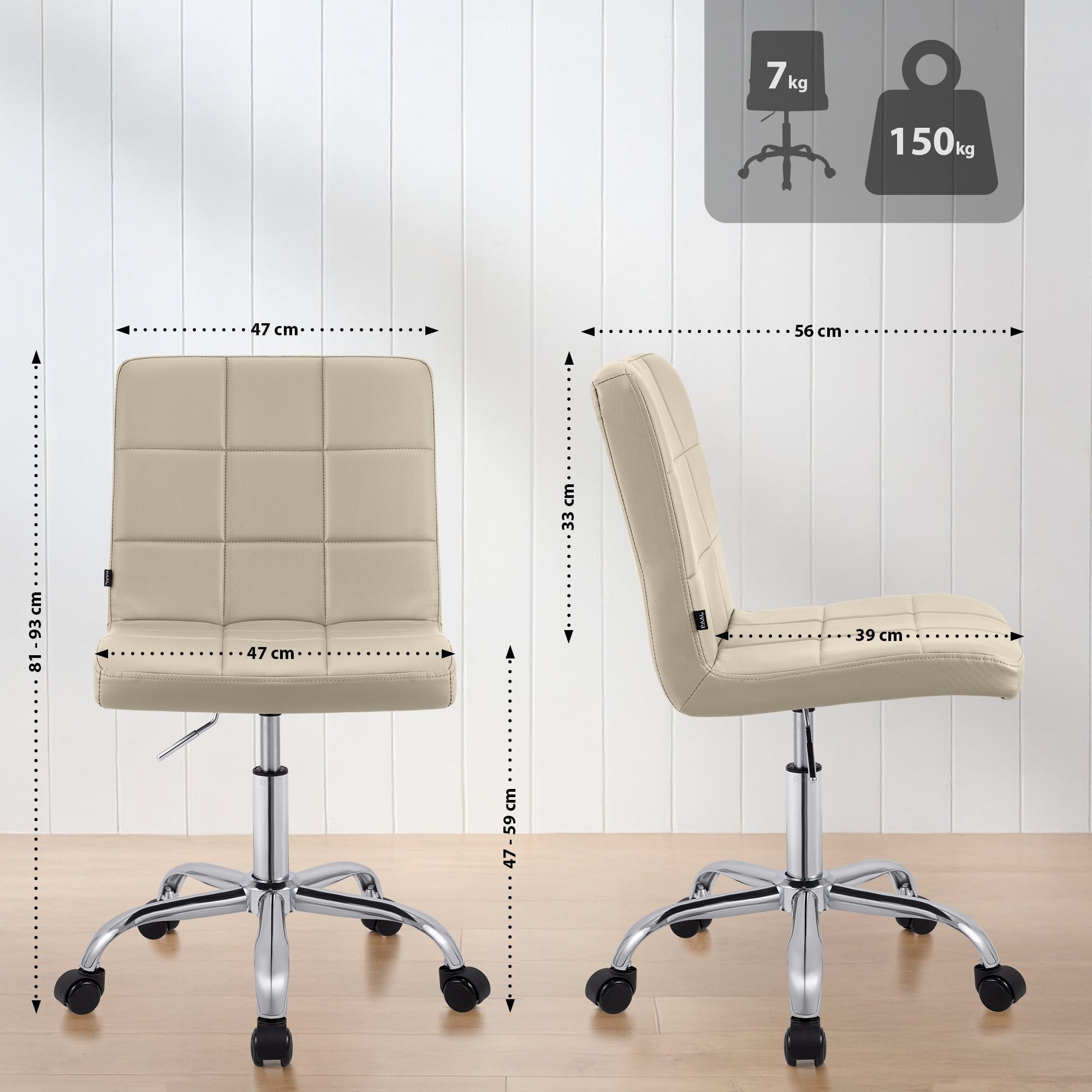 CLP Taburete de Trabajo Ajustable en Altura con Respaldo y Ruedas Darfield, Silla ergonómica giratoria 360°, soporta hasta 150 kg, Color:Crema, Material:Cuero Sintetico