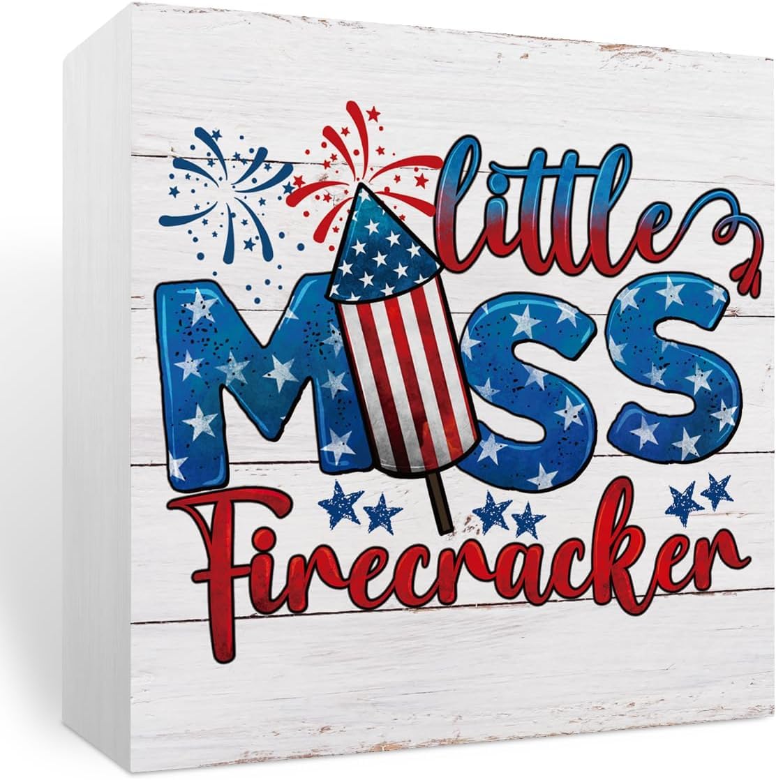 Little Miss Firecracker Box Sign 7x7 Inch Patriotic Rustic Decor