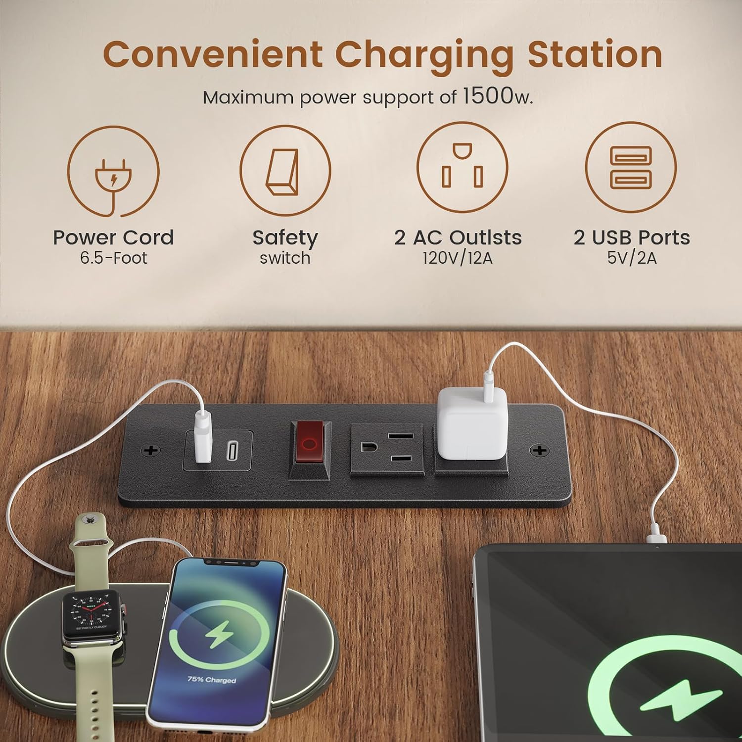 Close-up of the convenient charging station with 2 AC outlets and 2 USB ports, showing devices charging.