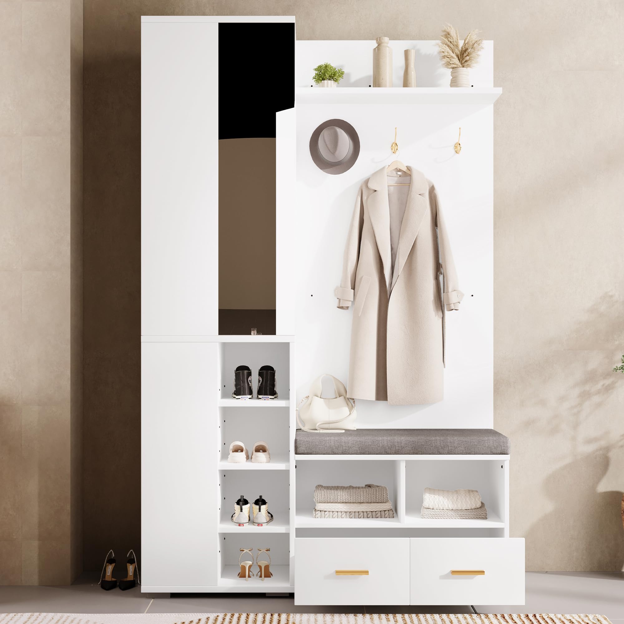 Ensemble de garde-robe avec miroir, banc à chaussures, armoire à chaussures, armoire de couloir, étagère, Gain de Place, avec 1 tiroir et 3 Crochets, pour Couloir, Chambre (Blanc, 120x35x190cm)