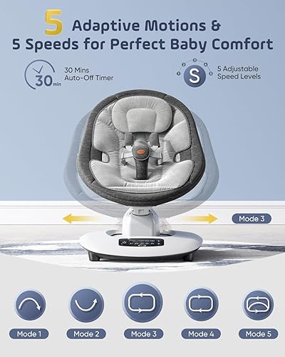 Miniatura 4 de Columpio para bebés  Mecedora eléctrica para bebé con detección de movimiento 3D, asiento giratorio de 180, arnés de 5 puntos mejorado, soporte