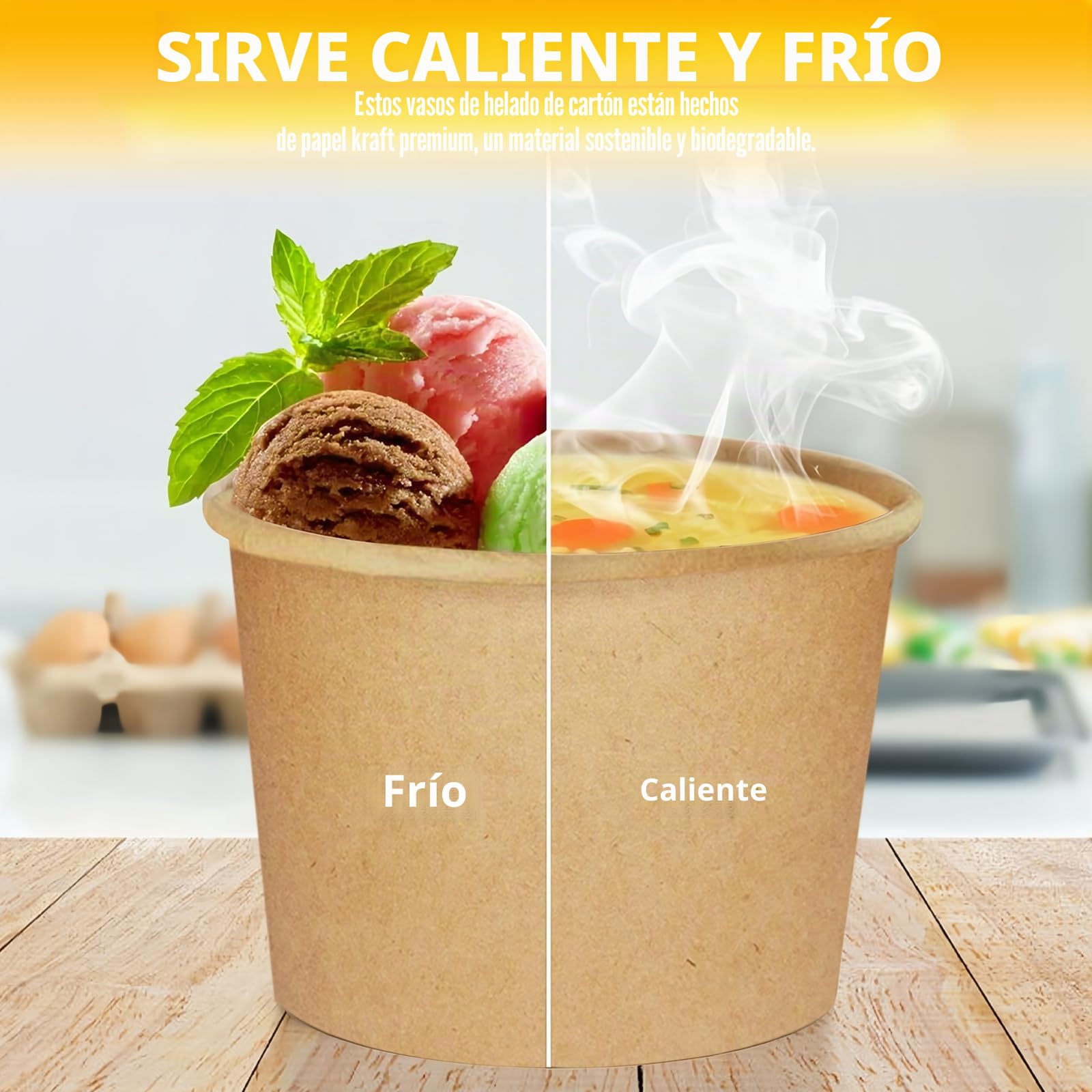50 vasos de helado universales ecológicos de cartón, 240 ml, de papel con 50 cucharas, helados de cartón, vasos compostables, vasos de papel para helados, postres, comida con dedos