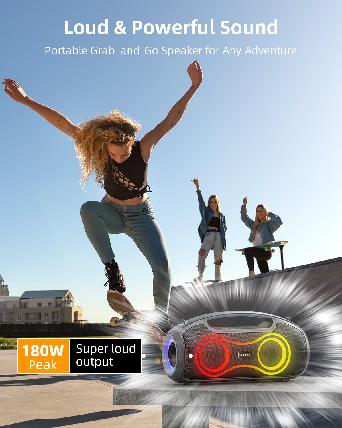 Bluetooth Lautsprecher, (180W Peak) Tragbarer Musikbox mit RGB Lichter, Party Boom box, 2+2 Channel, Boost Bass, IP65 Wasserdicht, 24H, USB-C, EQ, BT 5.3, für Outdoor, Camping, Strand und Garten