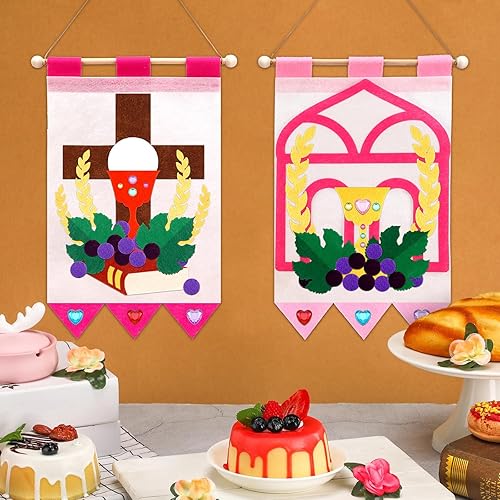 Miniatura 5 de Juego de 6 carteles de la Primera Comunión para niñas, kit de pancarta de fieltro para la primera comunión, uvas para niños o niñas, paquete de