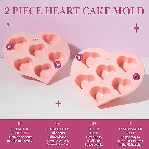 Miniatura 2 de Paris Hilton Molde de silicona con forma de corazón, molde antiadherente en forma de corazón, apto para horno para pasteles, brownies y postres, 6