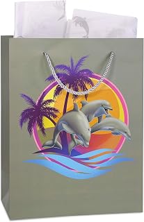 DolliBu Dolphin Large Gift Bag with Tissue Paper - Cute Zoo Animal Big Gift Wrap Bag with Handles and Dolphin Tissue Paper for Holiday, Birthday, Party Favor Gift Bags for Kids and Adult - 13 Inches