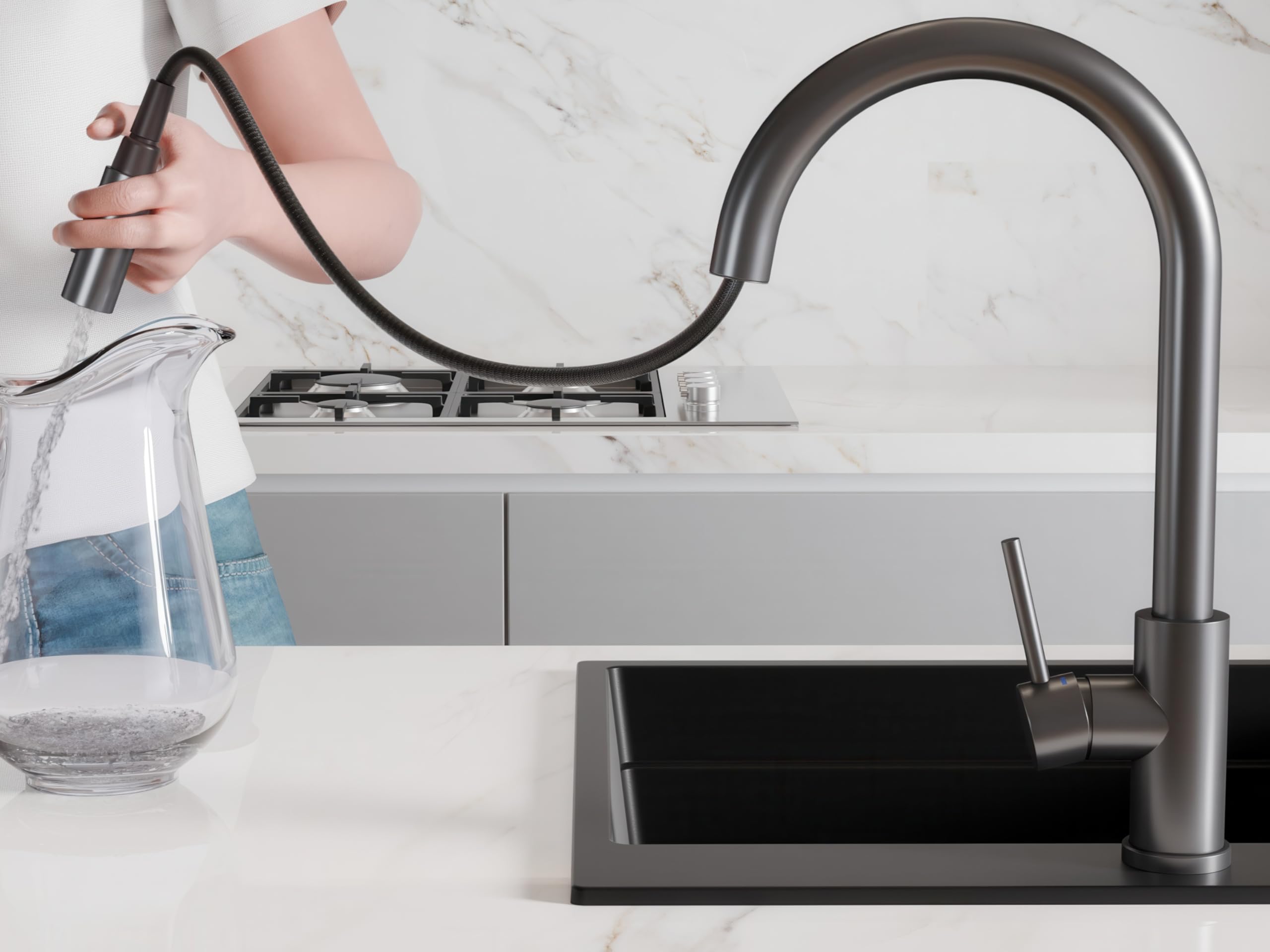PRIMAGRAN Grifo de cocina 9010 con dos tipos de chorro, Grifo de alta presión, Grifo de fregadero giratorio 360° con caño extraíble.