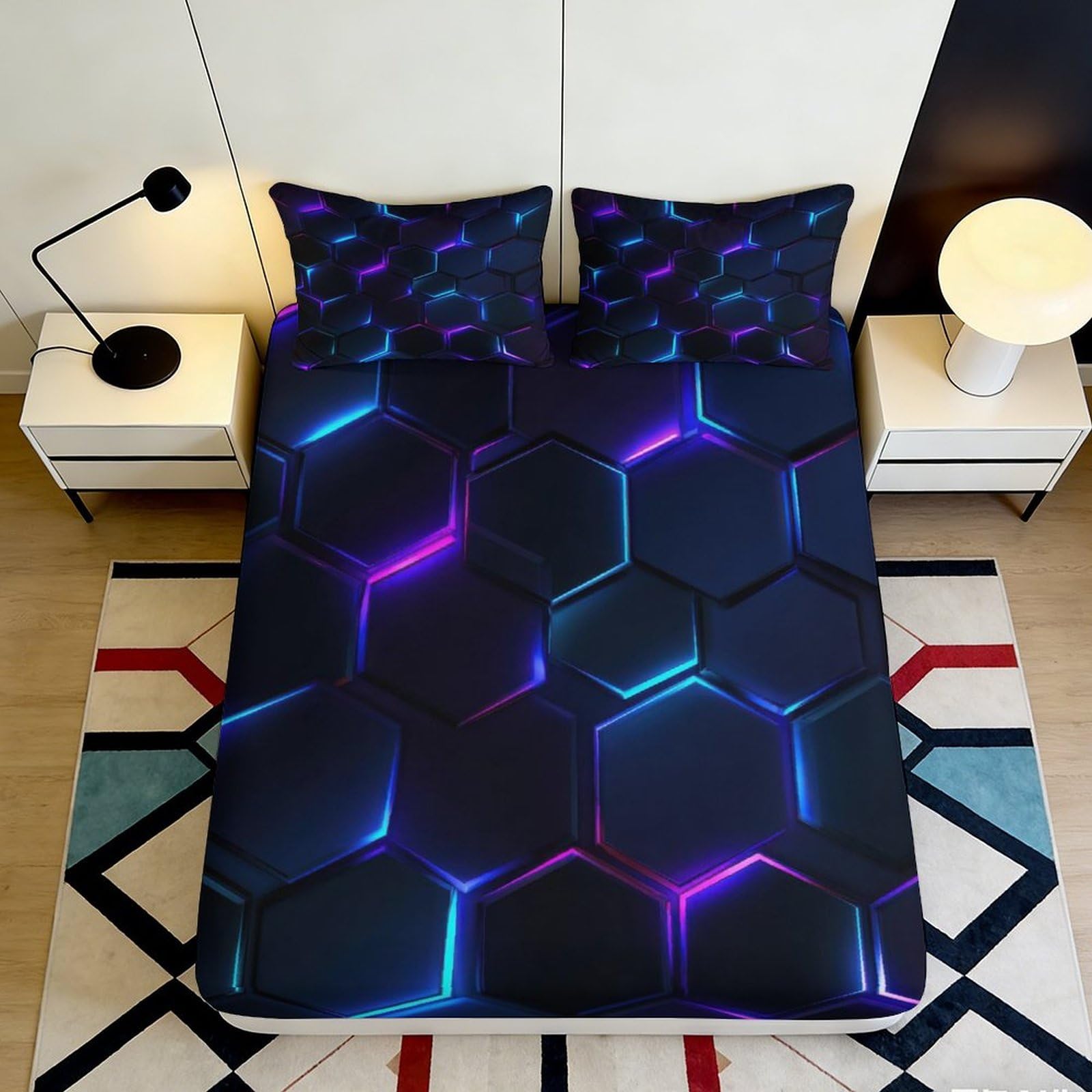 3D Printed Hexagonal Pattern Fitted Sheet Microfiber Soft Breathable Geometric Bed Cover for Bedroom Dormitory Guest Room Mattress Protection 200x200x25cm