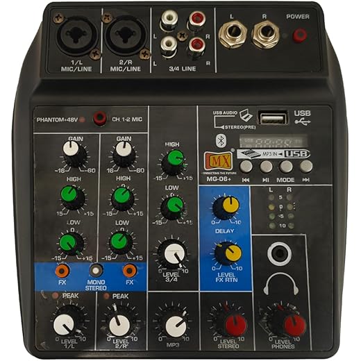 MX 4-Channel Audio Mixer – USB Mini DJ Sound Mixing Console with Bluetooth, 48V Phantom Power, Headphone Output, Recording Support – Ideal for Home, Studio, and Basic Audio Learning