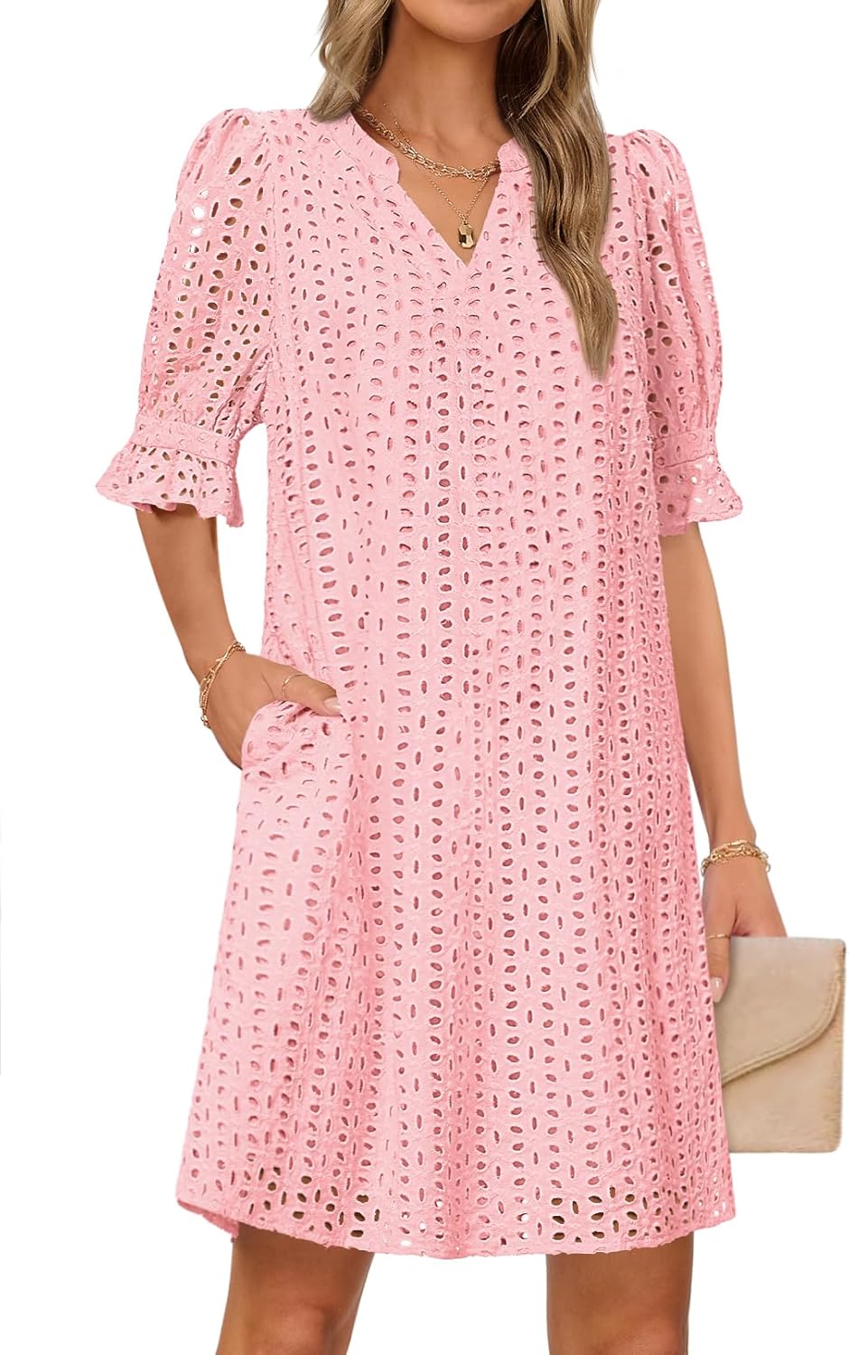 MEROKEETY Women's 2026 Summer Short Sleeve Mini Dress V Neck Ruffle Hollow Out Eyelet Lace Dresses