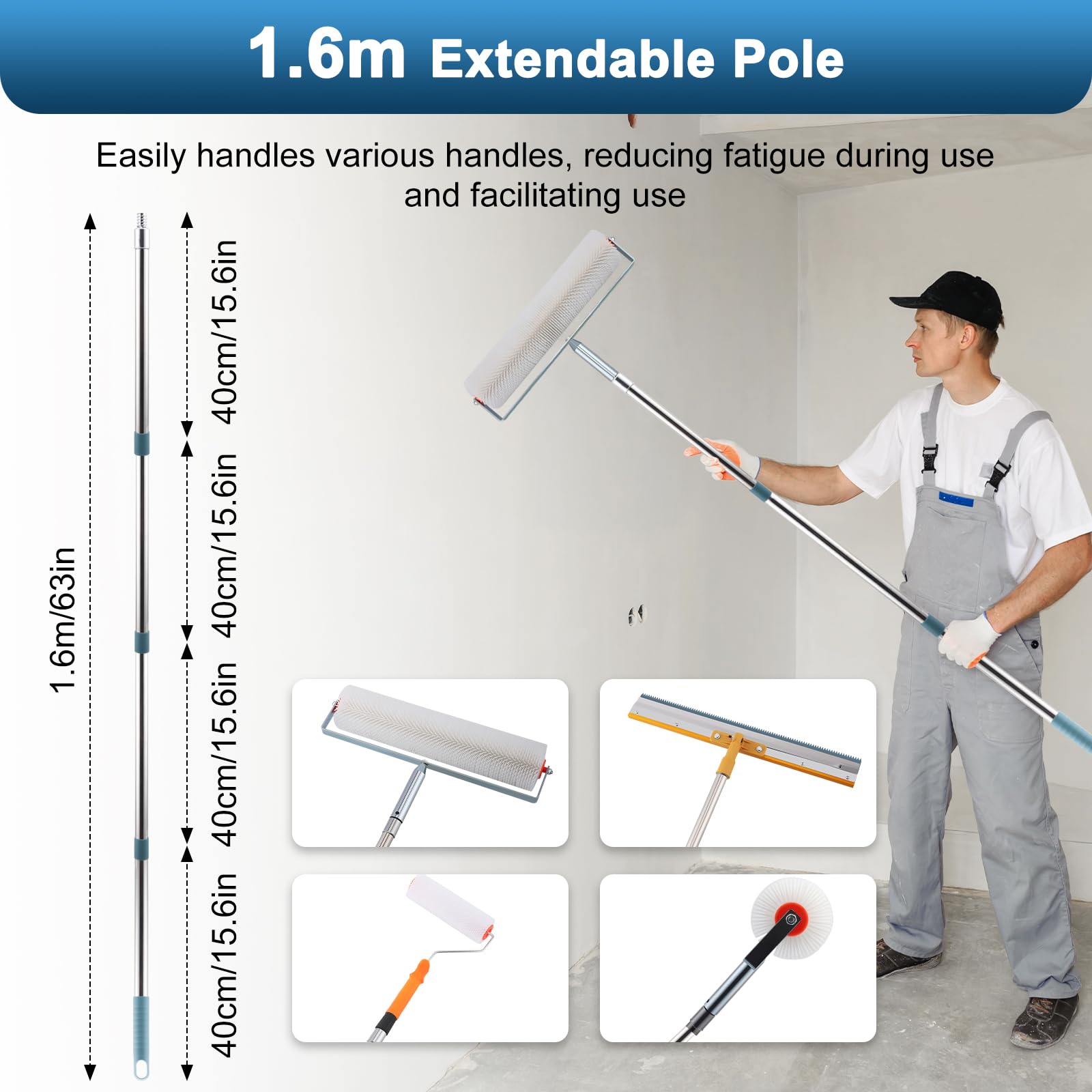 Rouleau à pointes auto-nivelant avec rouleau à pointes, lame dentelée en acier inoxydable, rouleau à peinture, chaussures à pointes, poteau d'extension de rouleau de 160 cm, outils de décoration pour