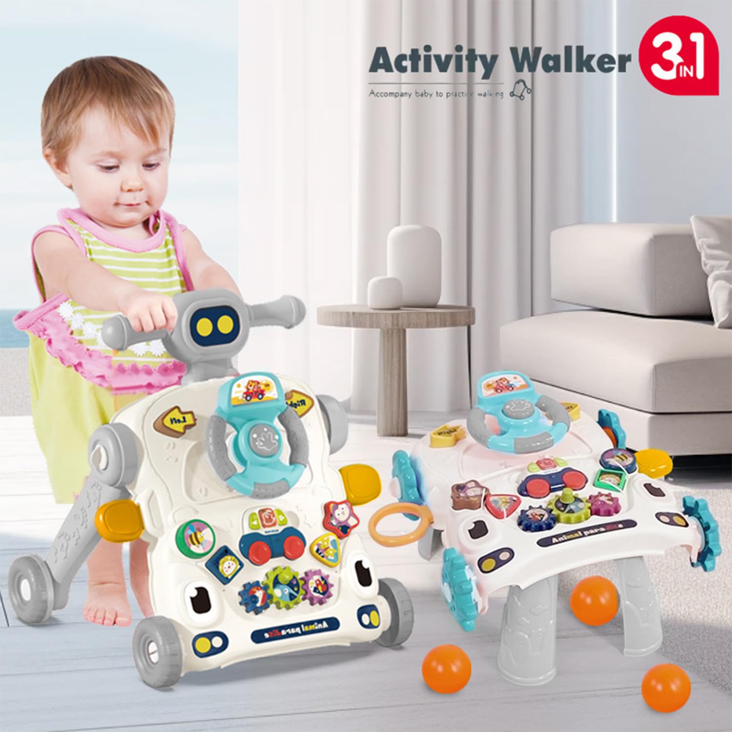 Baby Walker 3 in 1 Sit to Stand Push Walker With Activity Table and Center for Newborn Toddler (Grey)