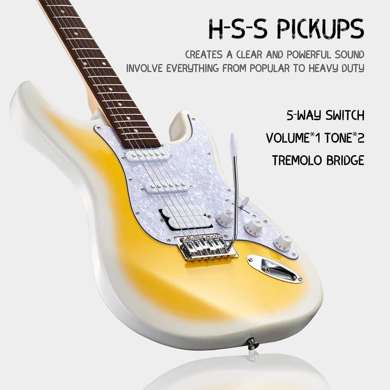 MST-1 39 Inch Electric Guitar Kit, Beginner Starter Full Size Solid Body Electric Guitar With HSS Pickups, Gig Bag, Amplifier, Strap, Cable, Picks, String (LemonBurst+Amp+Bag)