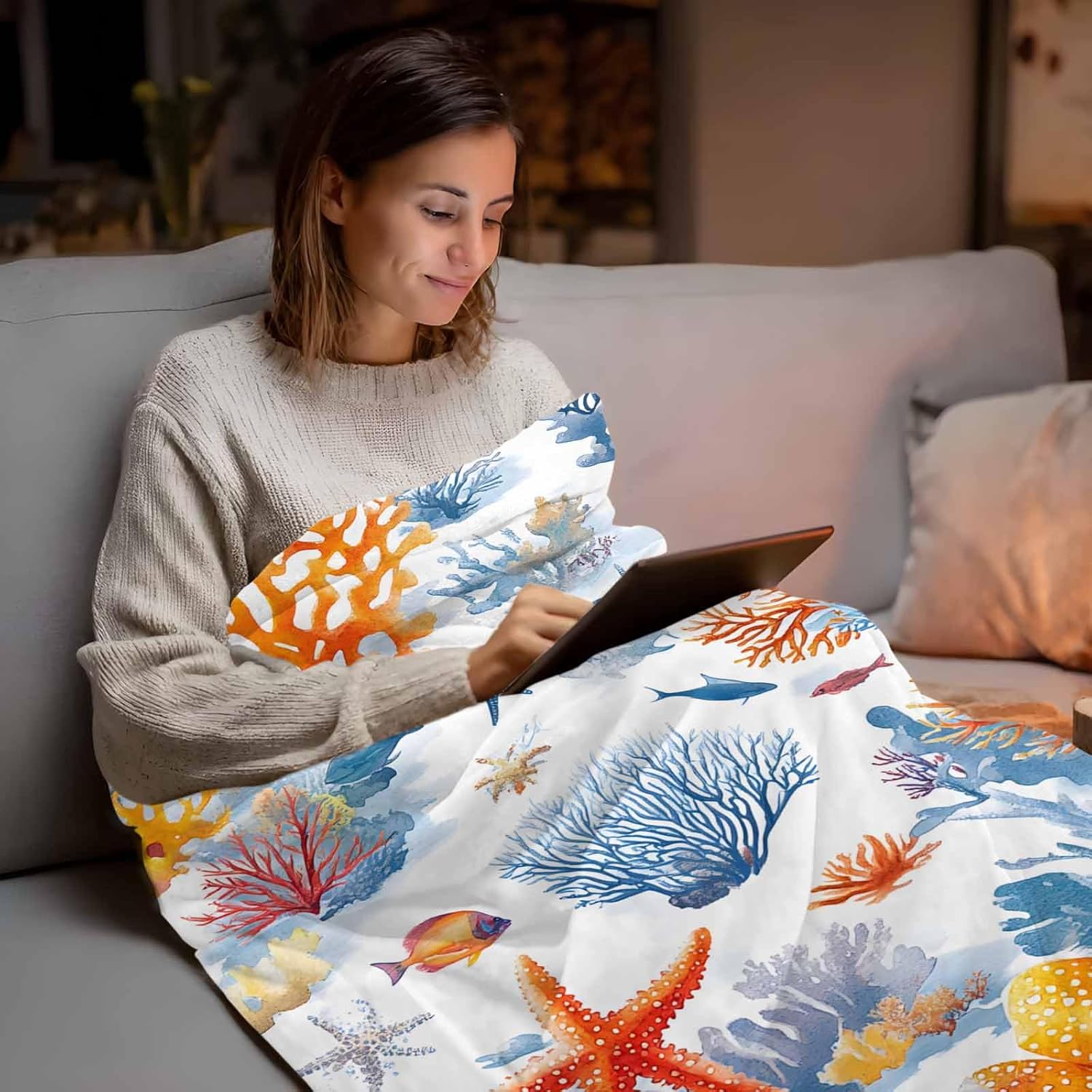 Ocean Starfish Blue Coral Flannel Fleece Throw Blanket, Watercolor Underwater World TV Blanket Lightweight Warm Soft Plush Blankets for Counch Sofa Bed Living Room All Season Use, 40x50in
