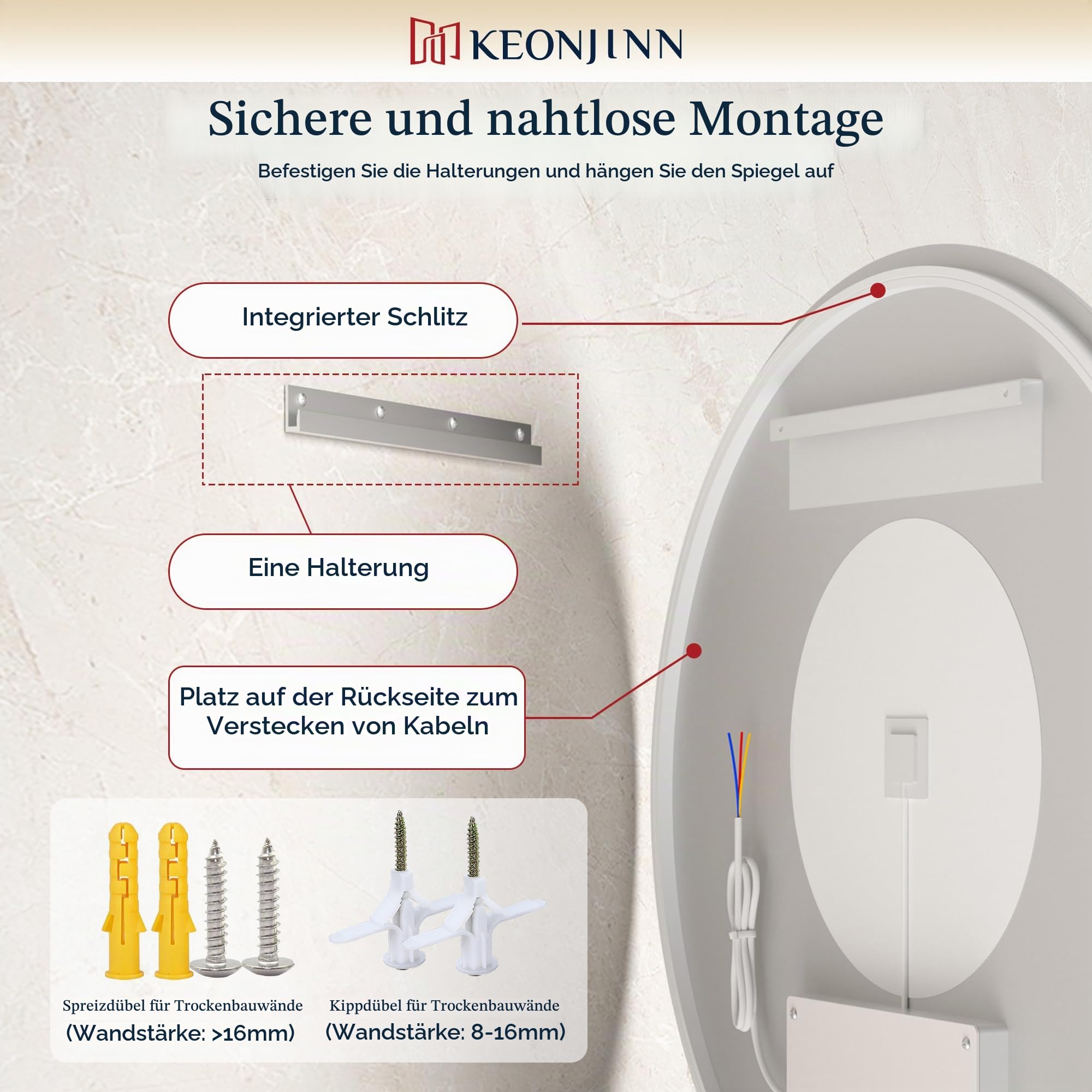 Keonjinn 70cm Rund Badspiegel mit Beleuchtung, Badezimmer Spiegel mit Beschlagfrei Touch Schalter Speicherfunktion 3 Lichtfarben Dimmbarer… – Ansicht 6