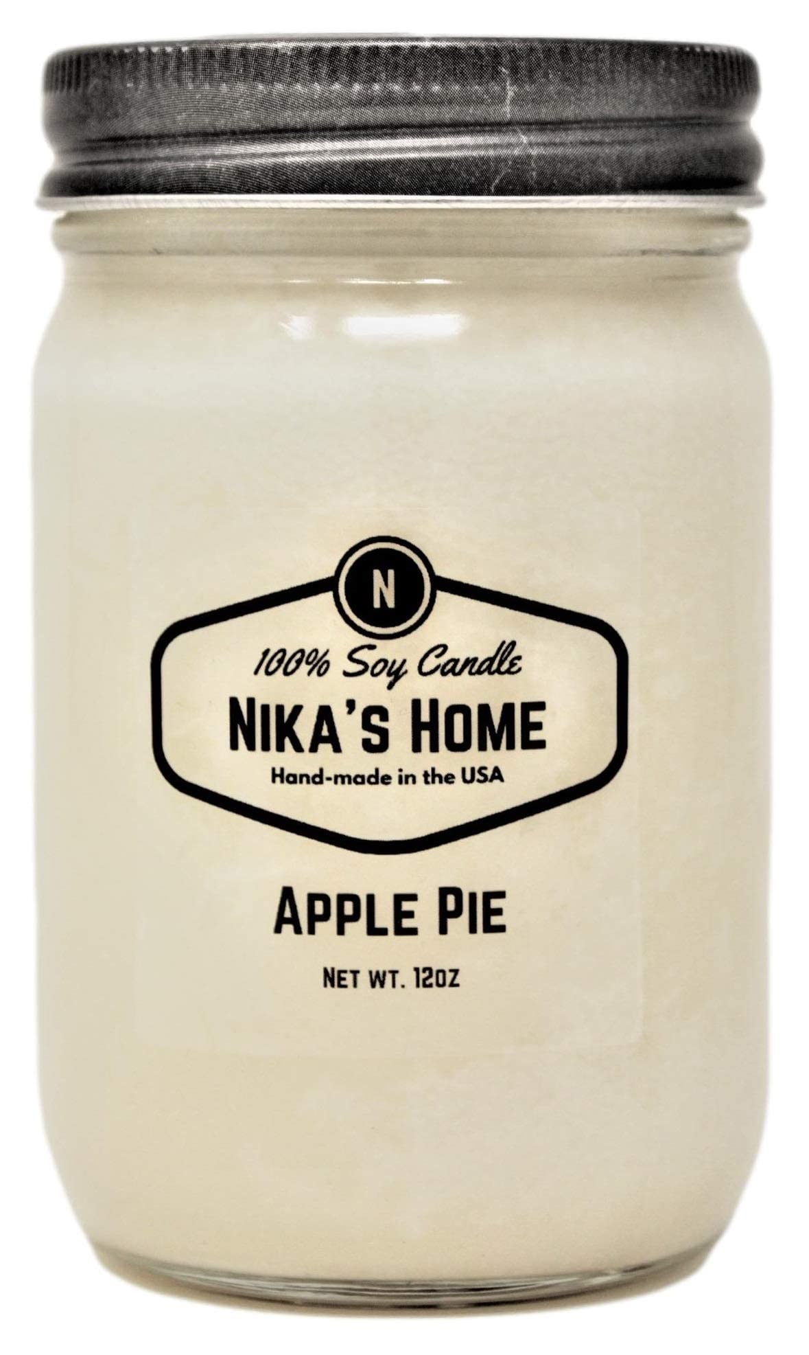 Nika's Home Apple Pie Soy Candle 12oz Mason Jar Non-Toxic White Soy Handmade, Long Burning 50-60 Hours Highly Scented All Natural, Clean Burning Large Candle Gift Décor