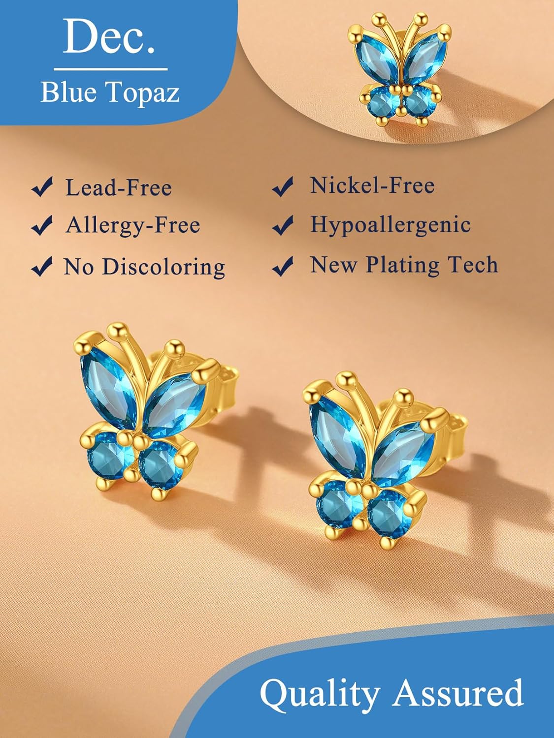 Suplight Butterfly Stud Earrings for Women, 14K Gold & Silver Birthstone Cubic Zirconia, Hypoallergenic Surgical Steel Sterling Silver Post, Sensitive Ears Friendly, Everyday Wear Women’s Jewelry Gifts - Image 5