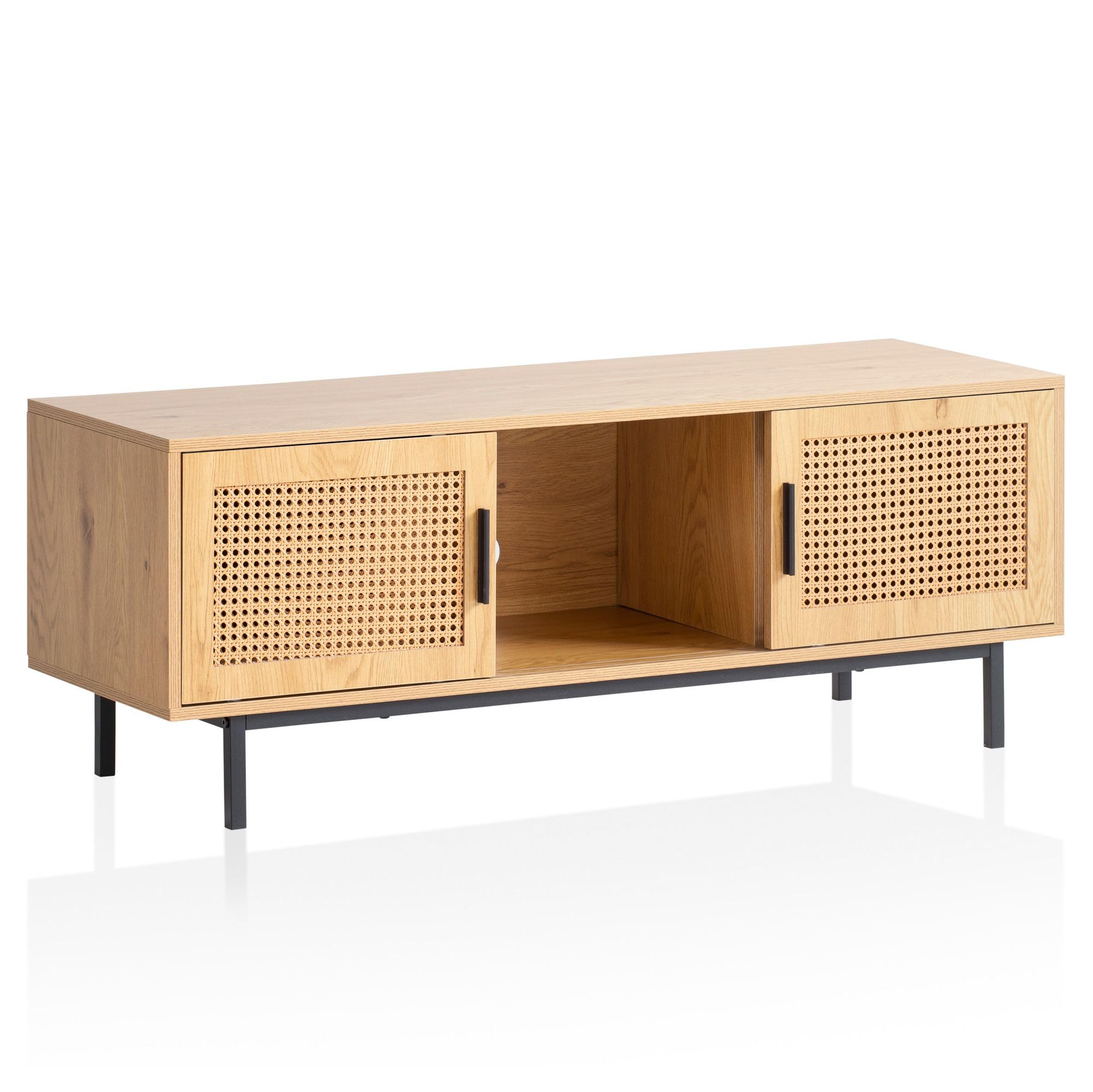 Wohnling Lowboard Eiche-Dekor mit Wiener Geflecht – TV-Kommode mit Schiebe-Türen, 120x45,5x40 cm