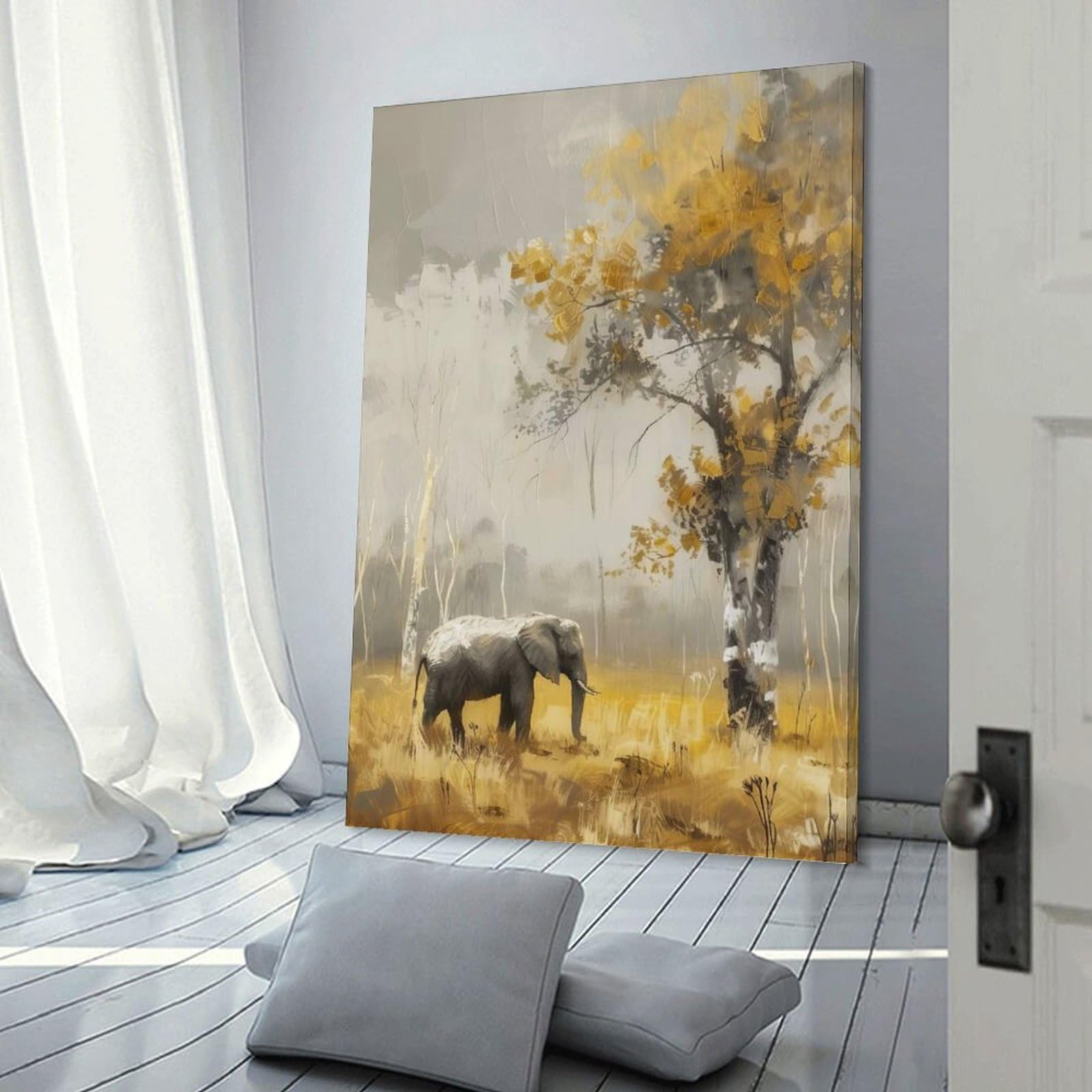 Junmoney Frame-Style-24 Elephant In Golden Forest Decorative Wall Artwork, 24X36inch(60X90cm), For Corridors, Hallways Or Apartment Entries, Home Artwork For First Impressions