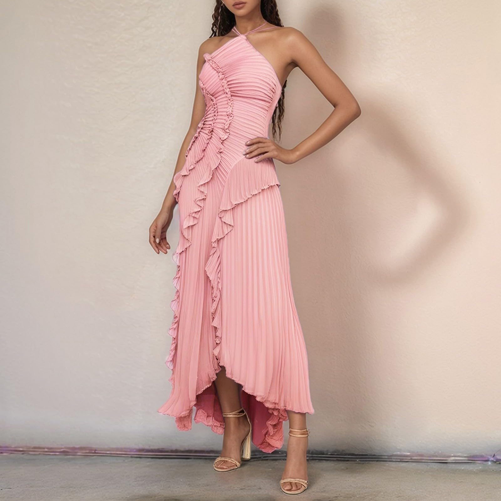 Generisch Abito da donna senza maniche con fettuccia sul collo, in tinta unita, elegante, maxi abito con volant, design avvolgente, spacco laterale, abito da sera estivo, abito da cocktail