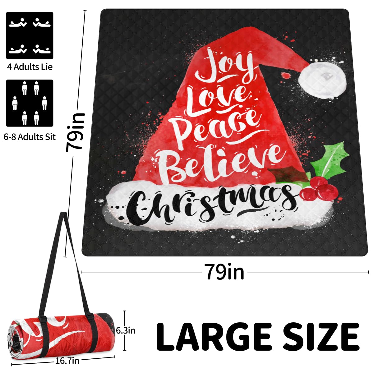 Shimoshe Extra Large Picnic Blankets 79”x 79”, Christmas Hat On Black Background Waterproof Foldable Picnic Mat with Straps Portable Beach Blanket for Camping Park Grass Beach Indoor