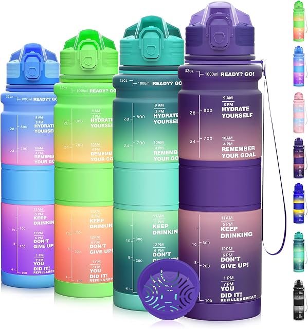 Coolfel 500ml/1l Water Bottles, Motivational Water Bottle with Time Markings, BPA Free Leakproof Sports Drinks Bottle Time Marked Daily for Kids Gym Running Fitness