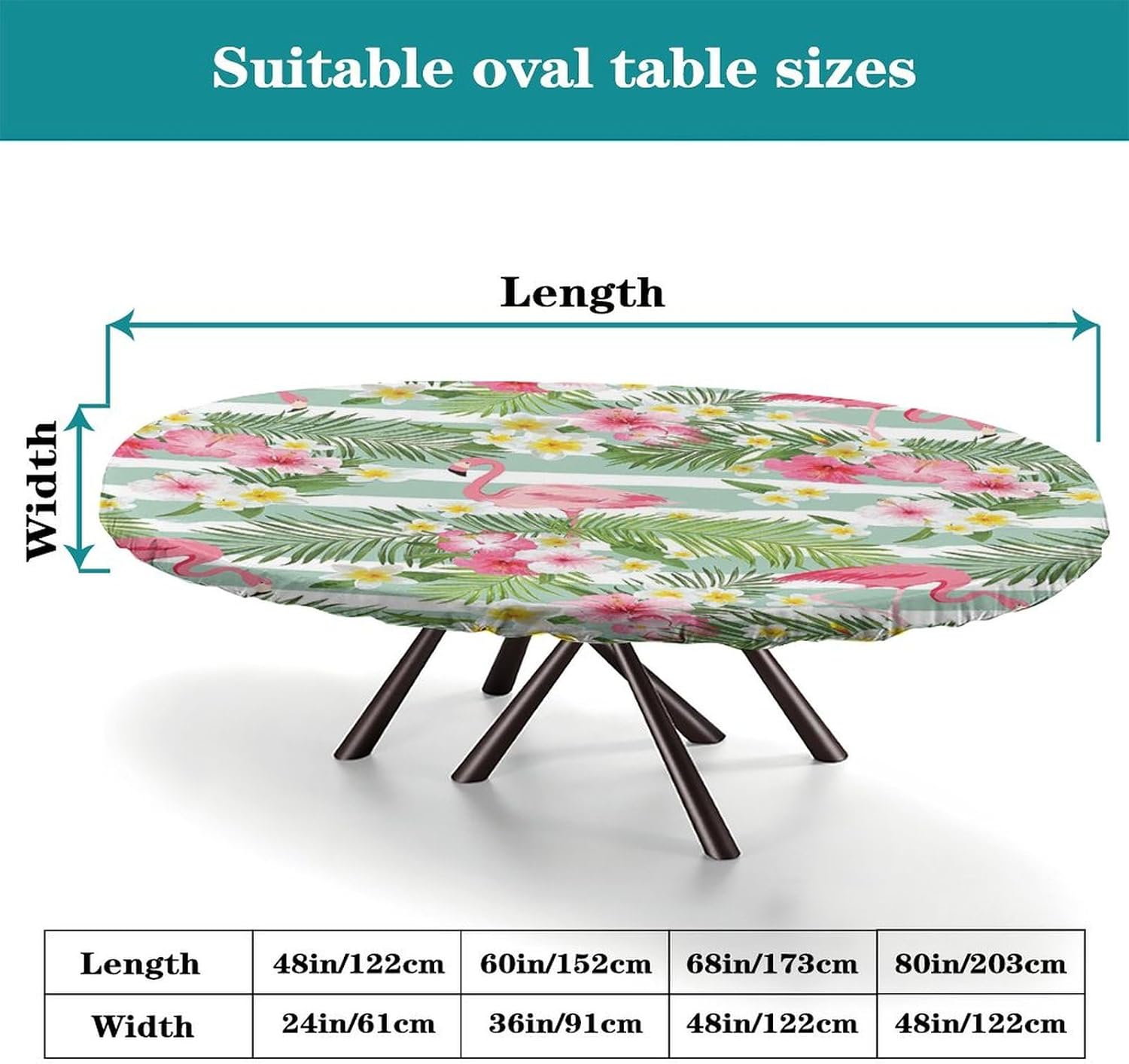 Elastic Edge Polyester Fitted Oval Tablecloth,Flamingo Decor Collection Flamingos with Exotic Hawaiian Leaves Wipe Clean Table Cloth, for Kitchen Dining Tabletop Decoration,Fits for 36 x 60”Oval table