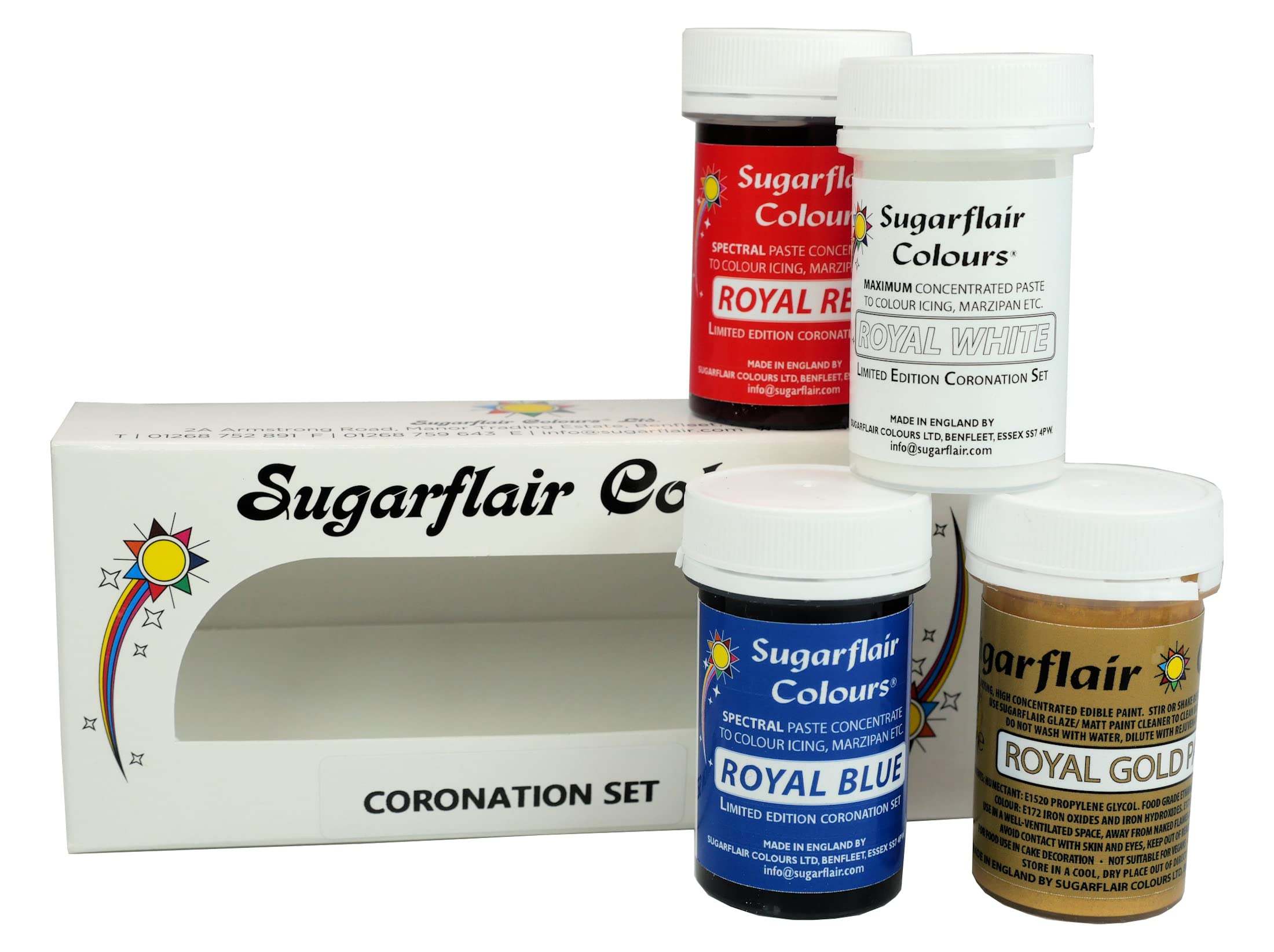 Sugarflair Limited Edition Coronation Colours Set of 4 - Royal Red, Royal White and Royal Blue Highly Concentrated Food Colouring and Gold Edible Paint.