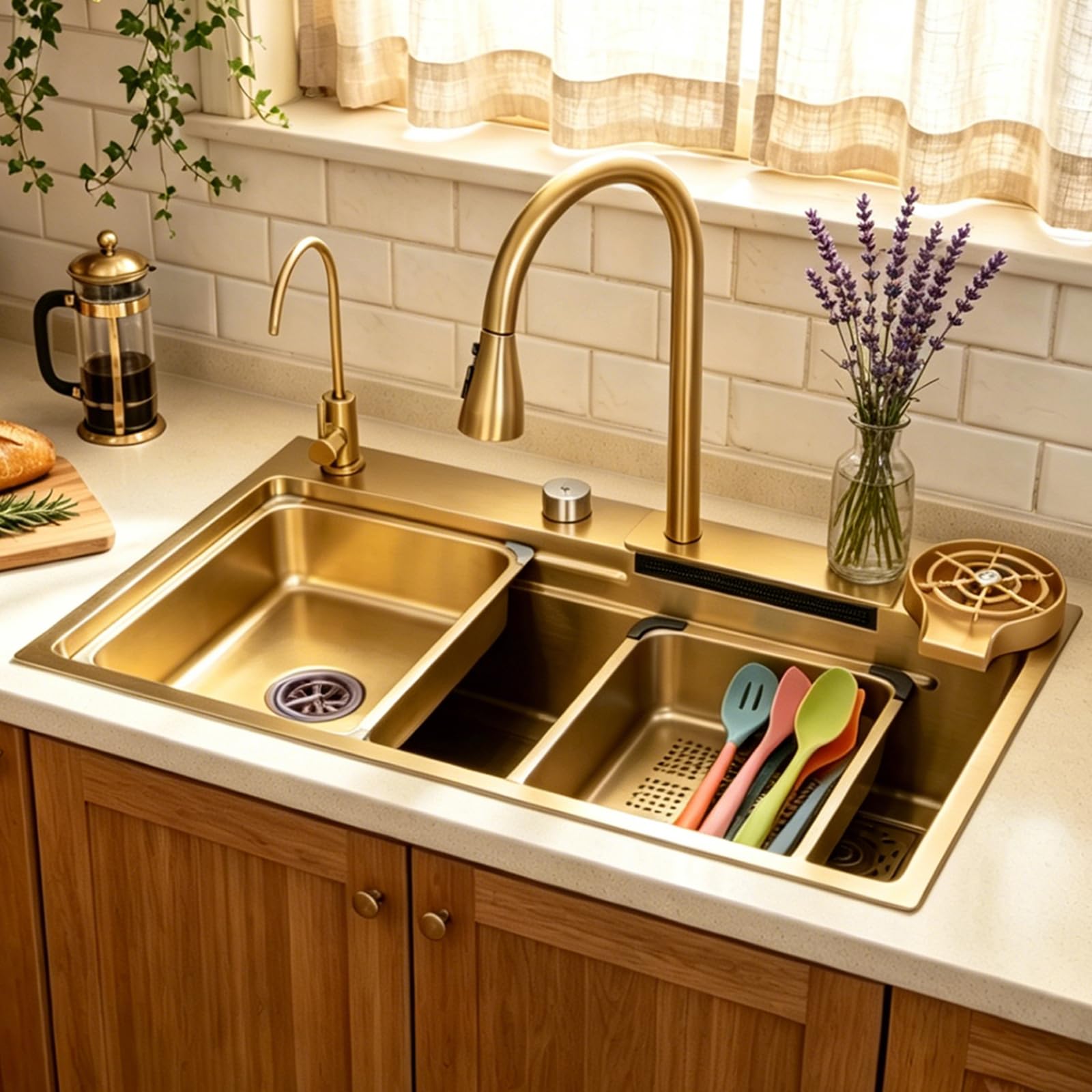 KOOGIMDDR 75 x 45 cm Golden Stainless Steel Farmhouse Sink, 5 Hole Undermount Kitchen Sink with Accessories