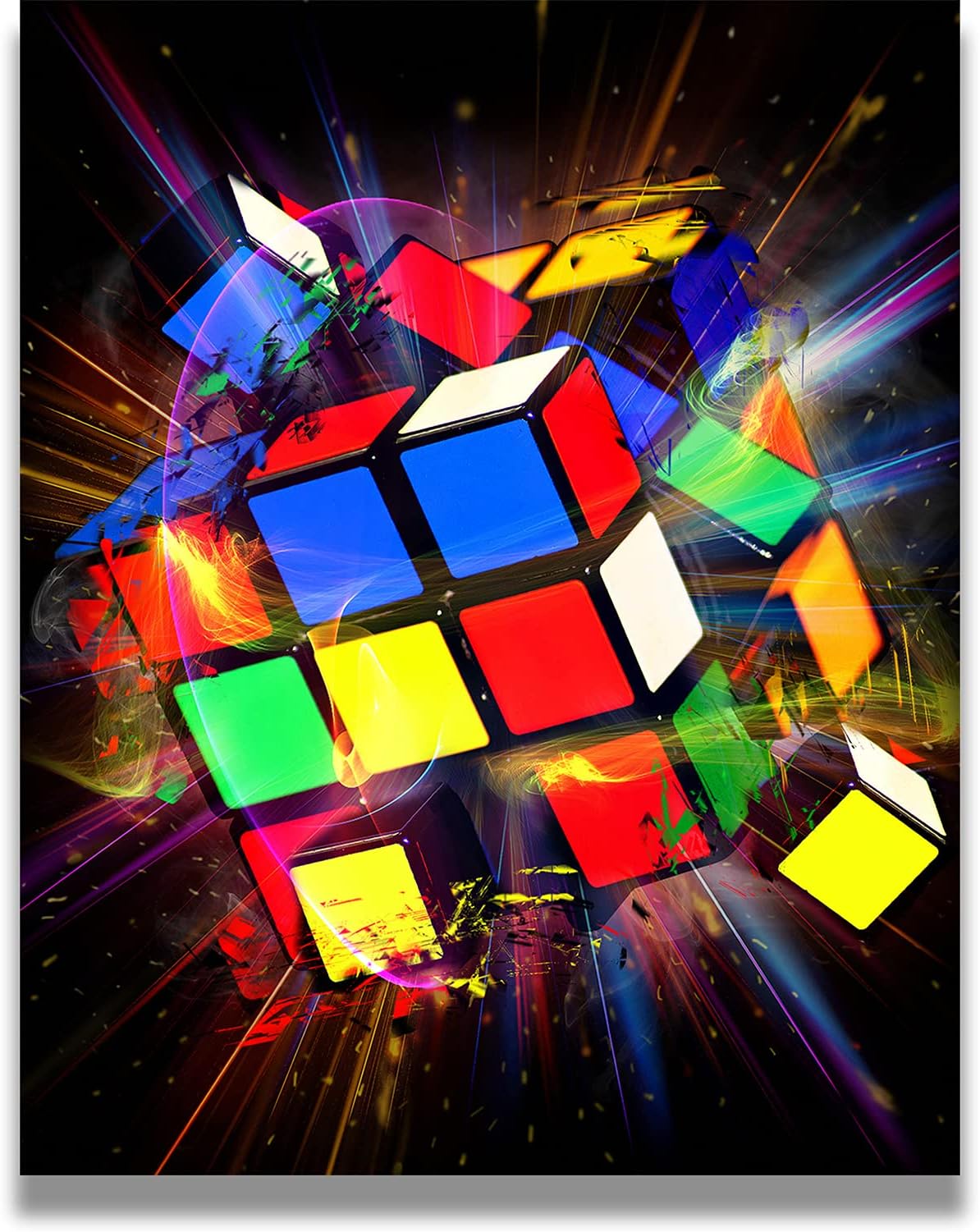 Govivo Exploding Rubik's Cube - Wall Art Decor Print with a black background - unframed artwork printed on photograph paper