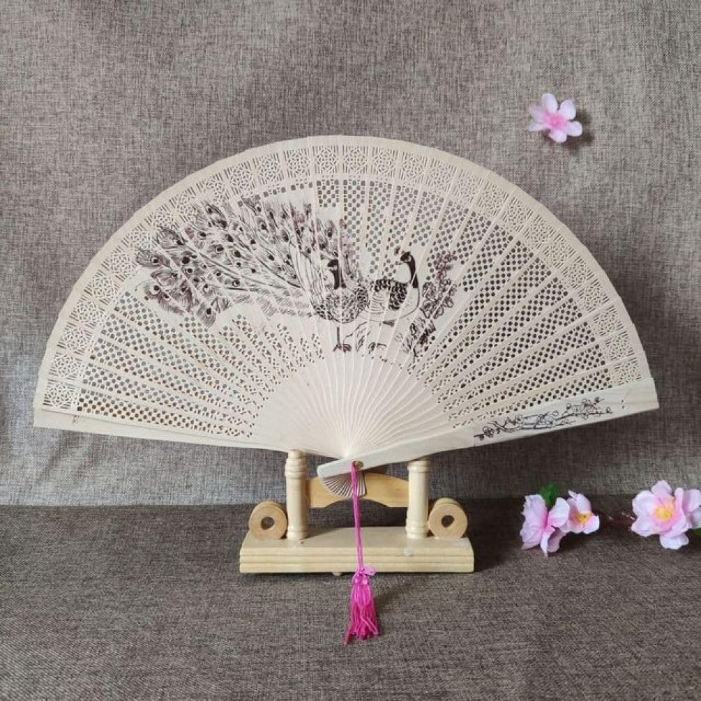 METTEOR Folding Fan Sandalwood Fan Hollowed Out Grass Wood Fan Carving Retro Craft Wood Fan National Style Classical Folding Fan Gift Fan Tea Pot