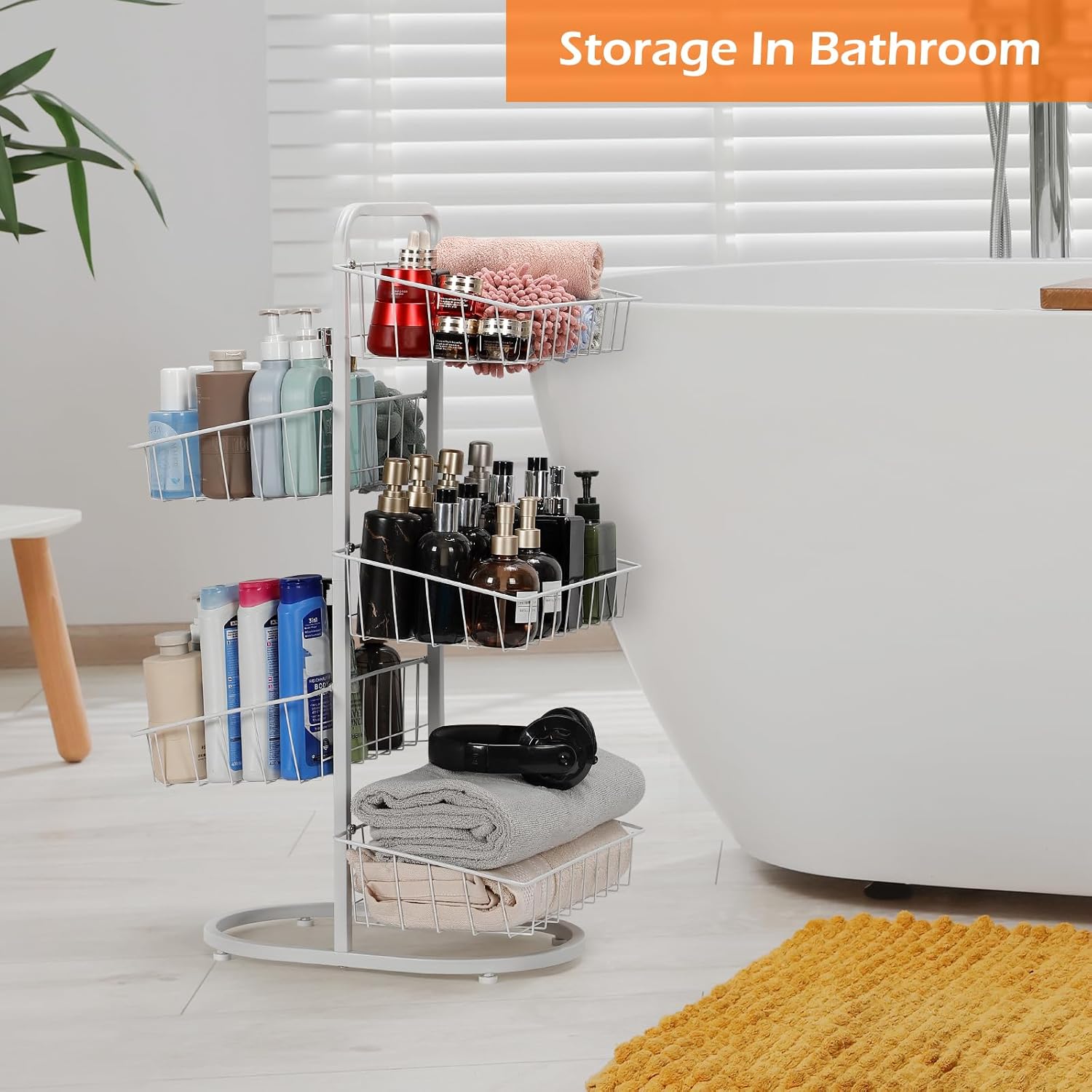 HEOMU 5 Tier Fruit Vegetable Basket for Kitchen Organizers,Kitchen Counter Storage Metal Wire Basket Stand Fruits Rack for Potato Vegetables Baskets Produce Snack Organizer Bathroom White