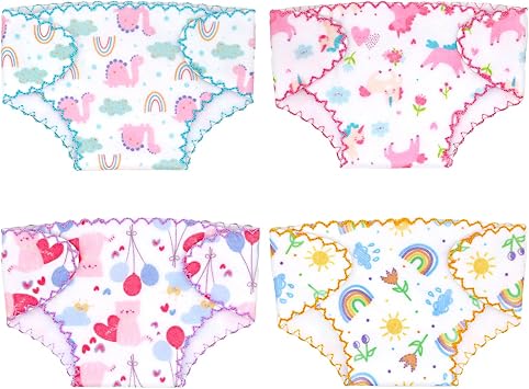Carreuty 4 Pack Baby Doll Diapers for 14-18 Inch Reborn Dolls, Reusable Doll Underwear Accessories Stuff with Ponies Dinosaurs Cats Rainbows for Newborn Baby Boys Girls Dolls, Washable & Adjustable