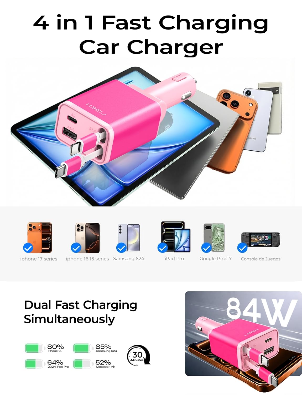 LISEN Retractable Car Charger, Pink-White view 6
