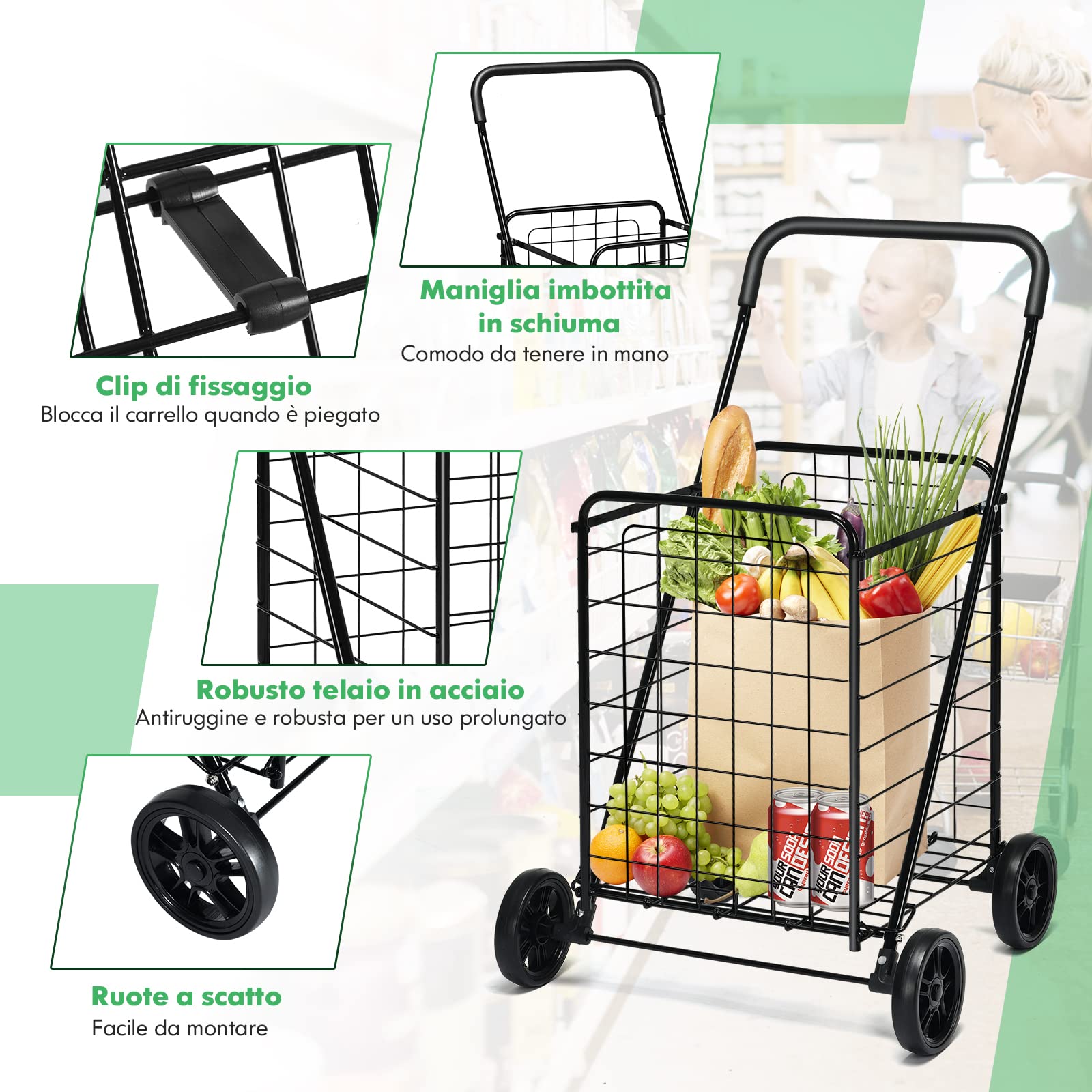 GYMAX Carrello Porta Spesa, Trolley Pieghevole a 4 Ruote, Carico di 45 kg, Capacità di 83 L, Cestino in Metallo, Bracciolo Antiscivolo, Compatto e Salvasapzio(M, Nero)