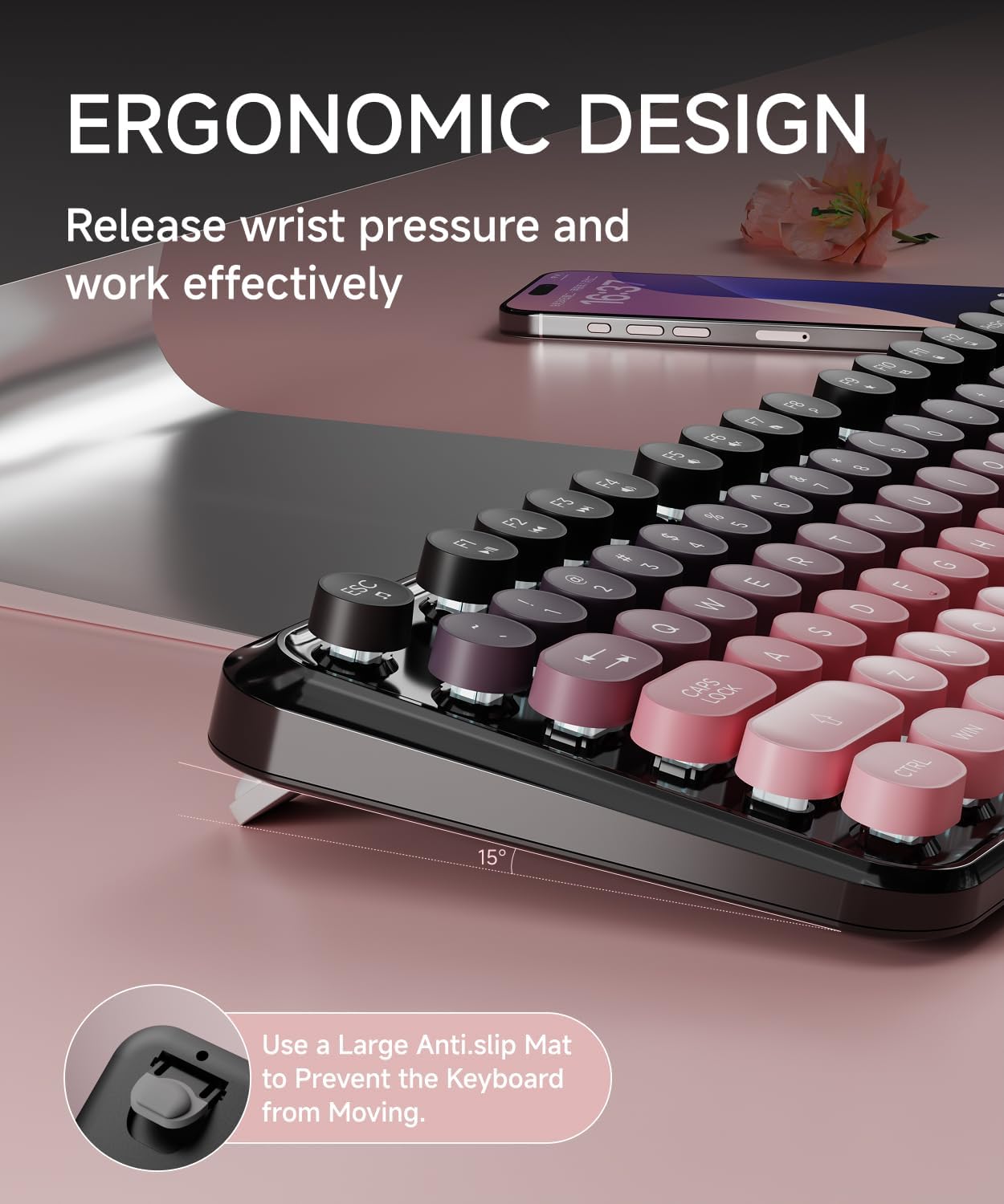 Ergonomic design of the V96 keyboard with adjustable tilt legs
