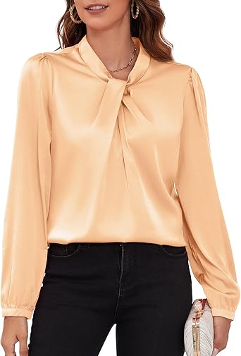 Womens Satin Silk Blouses Business Casual Dressy Elegant Shirts Mock Neck Long Sleeve Twist Front Office Work Tops
